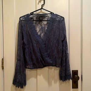 Polly & Esther Blue See-Through Long Flowy Top with Lace Trim